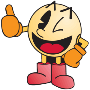 Pac-Man celebrates your success with a thumbs up instead of chomping your head off